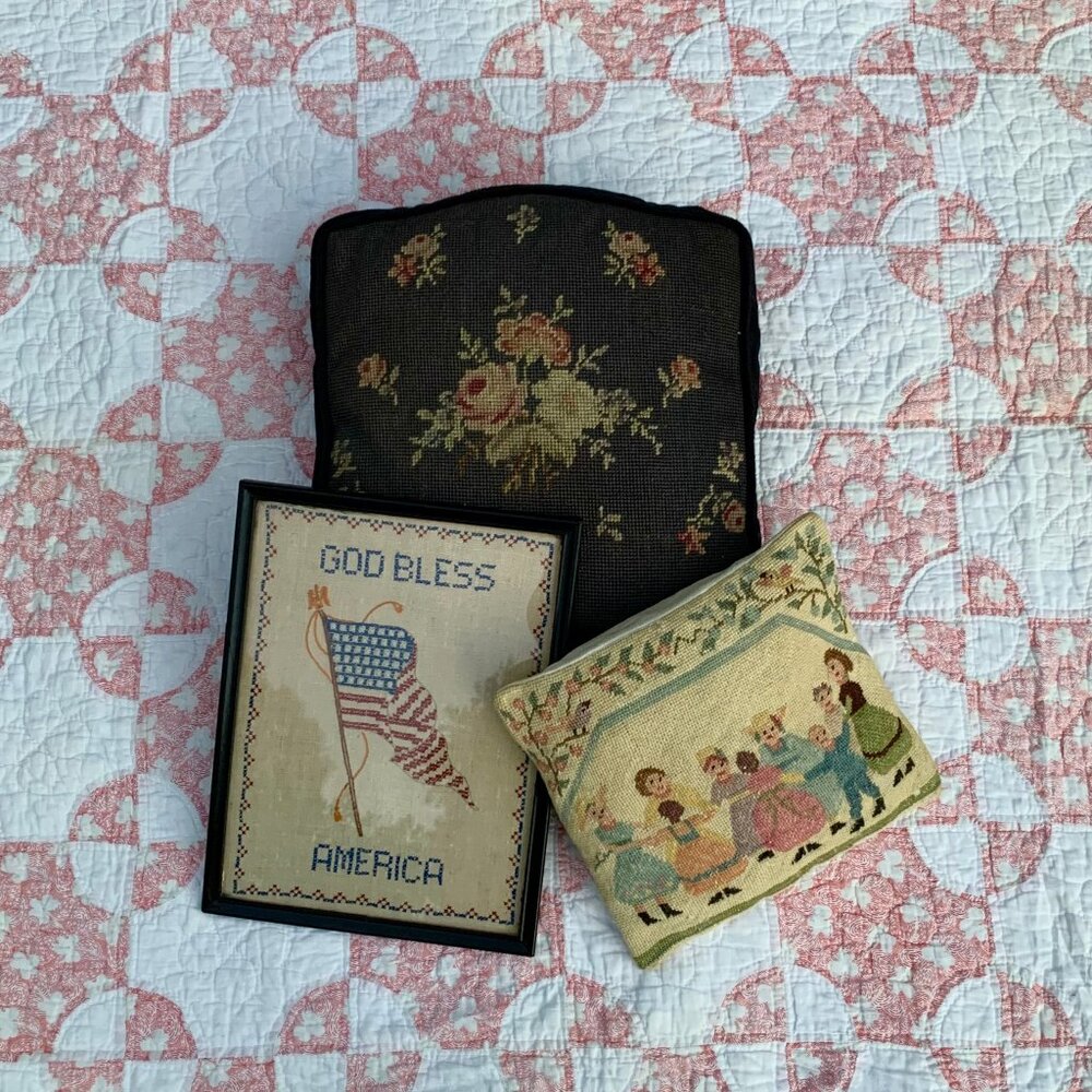 Antique Americana cross stitch flag and needlepoint pillows